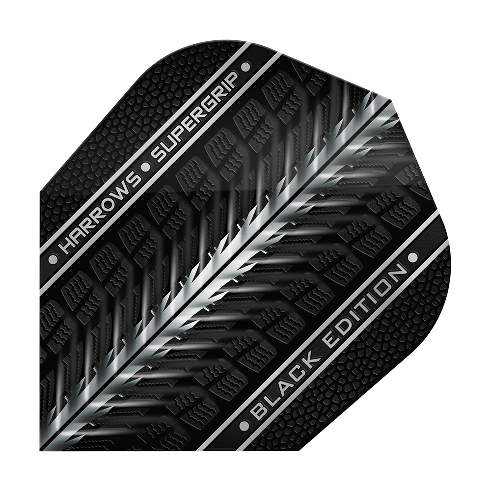 Harrows Supergrip Black-Edition No6 Flights Das Bild zeigt das Produkt "Harrows Supergrip Black-Edition No6 Flights". Das Flight ist schwarz mit silbernen und grauen Akzenten sowie der Aufschrift "HARROWS SUPERGRIP BLACK EDITION".