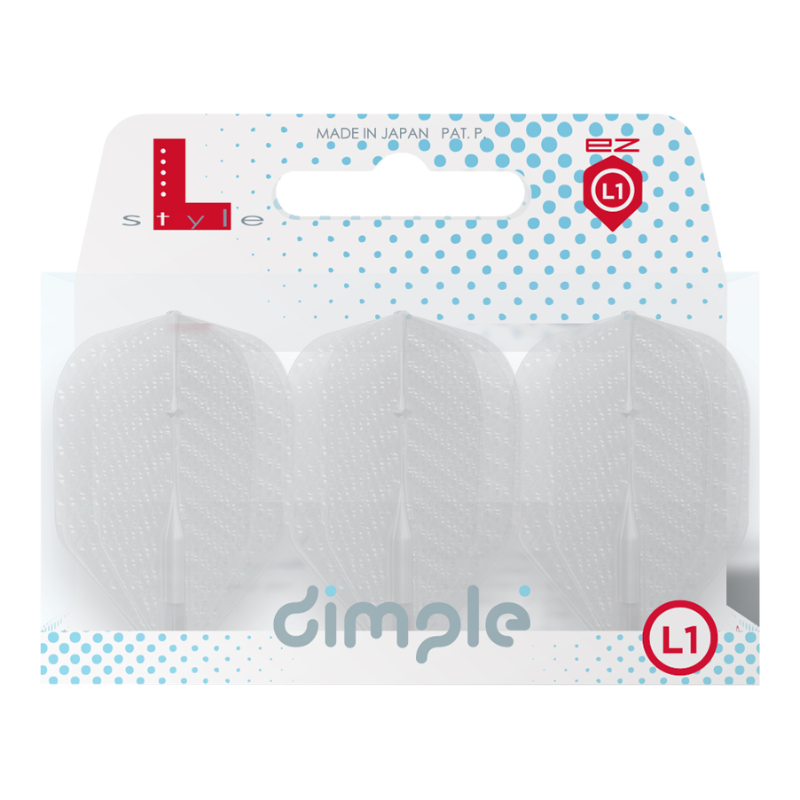 Das Bild zeigt eine Packung mit drei klaren Dartflights der Marke L-Style, Modell "Dimple L1 EZ". Die Verpackung ist überwiegend weiß mit blauen Punkten und dem Schriftzug „dimple“.