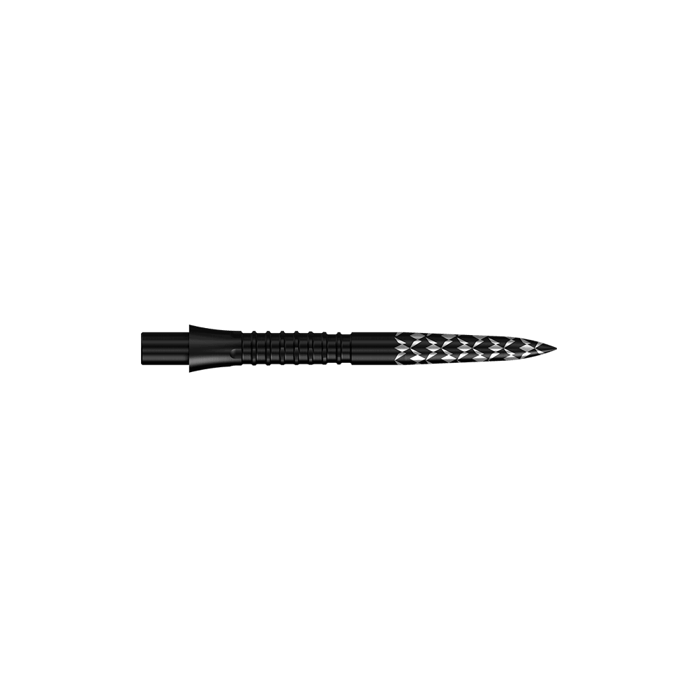 Mission Caliburn EVO Dartspitzen GV-Logo - Schwarz Schwarze Steeldartspitzen mit GV-Logo und einer Länge von 26 mm sind zu sehen. Das Bild zeigt das Produkt aus der Mission Caliburn EVO Serie.