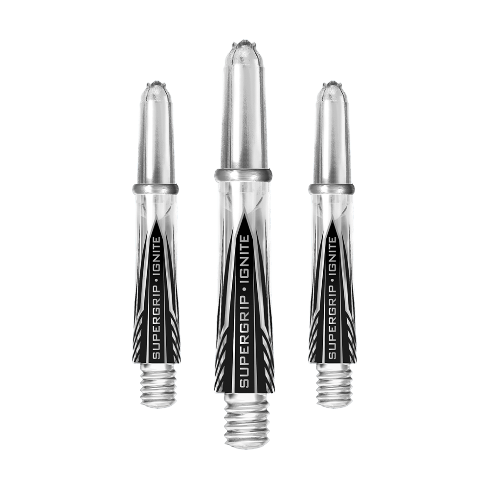HR392_Harrows_Supergrip_Ignite_Shafts_Clear_33mm_1R2luGsu8QFKTP Das Bild zeigt drei klare Harrows Supergrip Ignite Shafts für Dartpfeile. Die Schäfte sind durchsichtig mit silbernen Spitzen und schwarzer Beschriftung.