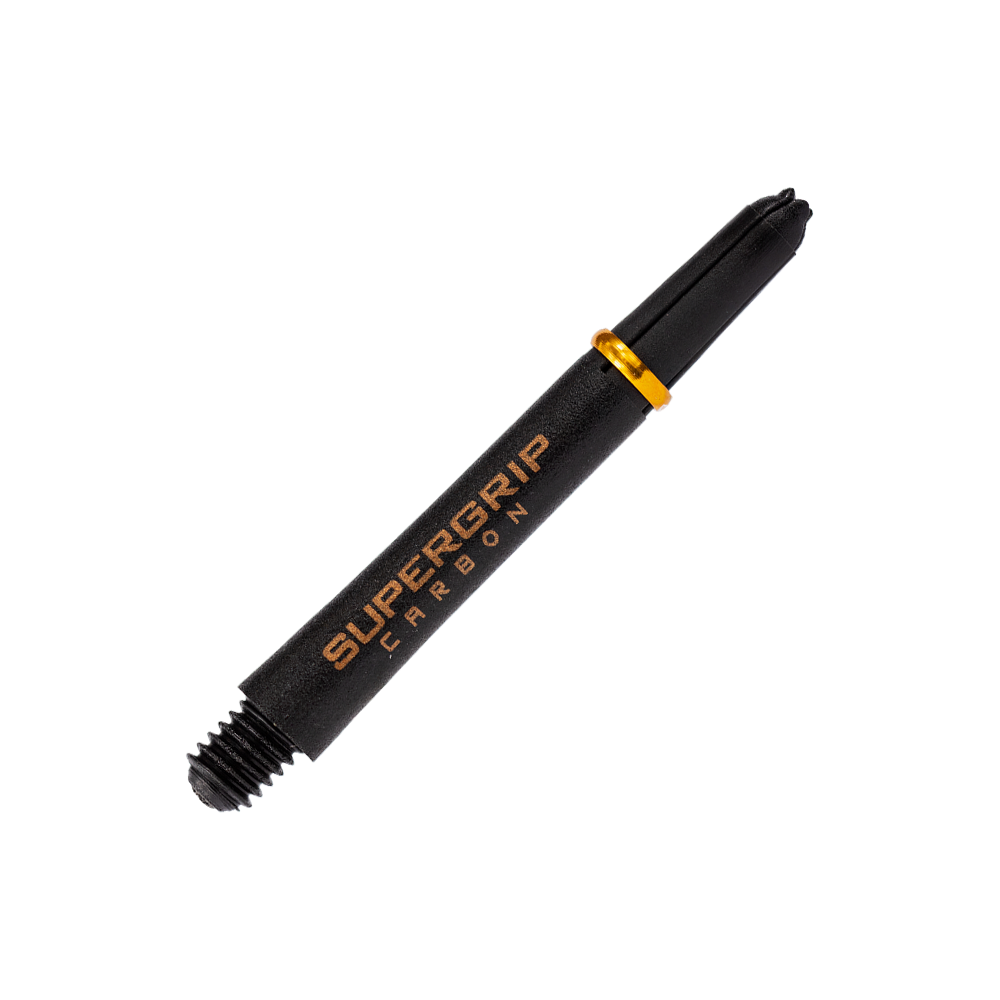HR352_Harrows_Supergrip_Carbon_Shafts_Gold_40mm_2 Das Bild zeigt einen Harrows Supergrip Carbon Shaft in der Farbe Gold. Der Schaft ist schwarz mit goldener Schrift und einem goldenen Ring.