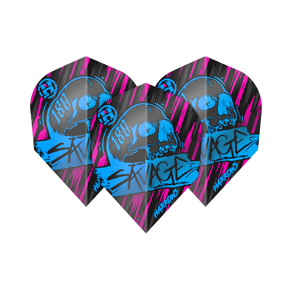Harrows Savage Aqua Pink No6 Flights Das Bild zeigt die Harrows Savage Aqua Pink No6 Flights, die für Dartpfeile verwendet werden. Sie sind schwarz mit auffälligen blauen und pinken Grafiken, darunter ein Totenkopf und das Wort "SAVAGE".