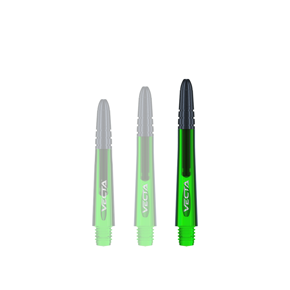 Das Bild zeigt drei grüne Winmau Vecta Shafts für Dartpfeile. Sie sind in verschiedenen Längen abgebildet und haben schwarze Spitzen.