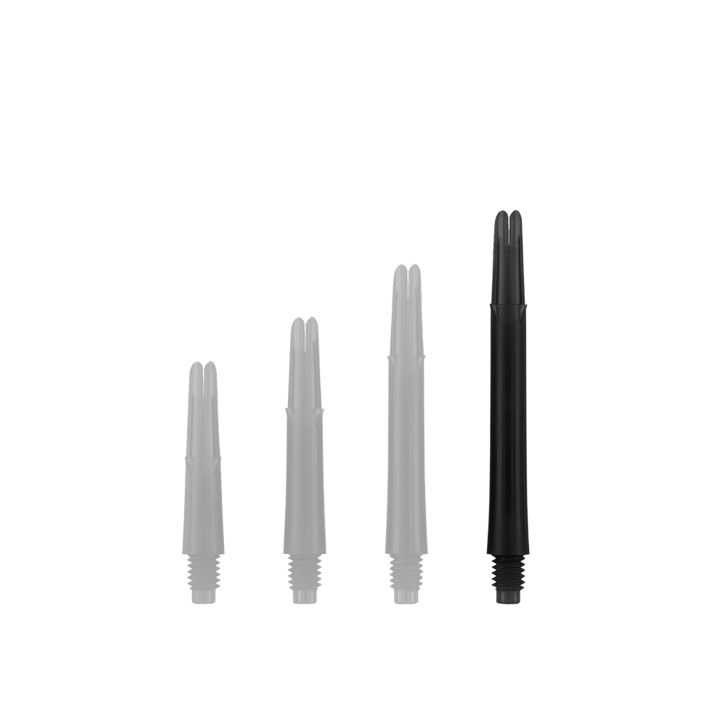 L-Style L-Shafts Locked Straight - Black 330 Auf dem Bild sind vier schwarze Dartschäfte in unterschiedlichen Längen zu sehen. Sie stehen nebeneinander aufrecht auf weißem Hintergrund.