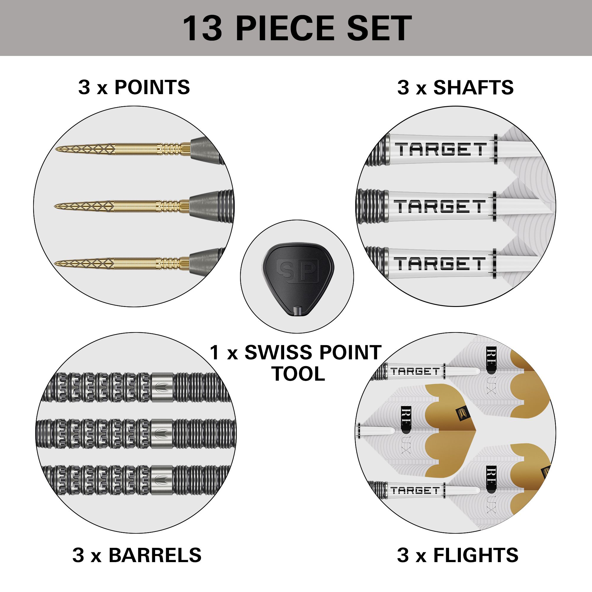 Target Redux 01 Swiss Point Steeldarts Das Bild stellt die Target Redux 01 Swiss Point Steeldarts dar. Diese Steeldarts besitzen eine spezielle Swiss Point Spitze.