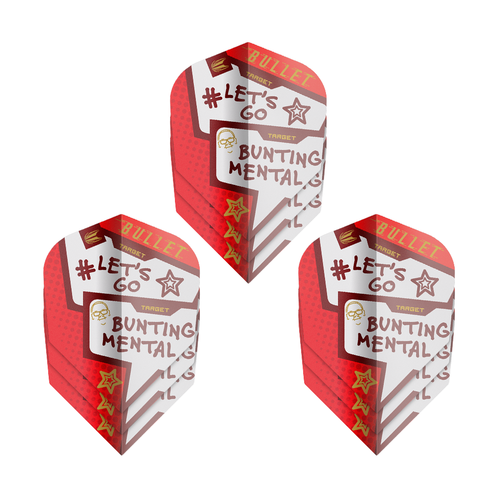 Target Pro Ultra Stephen Bunting Mental No6 Flights - 3 Sets Das Bild zeigt drei Sets der "Target Pro Ultra Stephen Bunting Mental No6 Flights" für Darts. Die Flights sind rot-weiß gestaltet und tragen Aufschriften wie "#LET'S GO" und "BUNTING MENTAL."