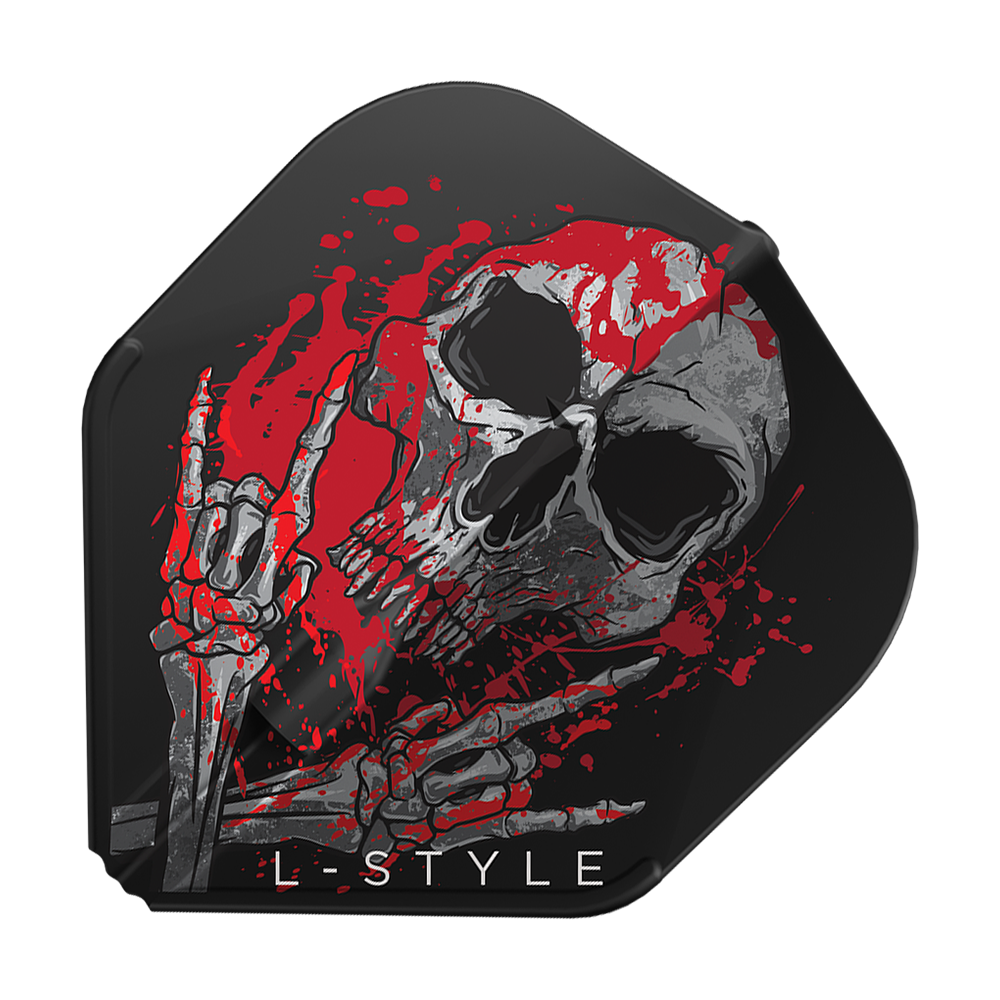 L-Style Ryan Searle V3 L1EZ Black Flights Das Bild zeigt ein Dart-Flight in schwarzer Farbe mit einem auffälligen Totenkopf-Design und roten Farbspritzern. Unten steht der Schriftzug "L-STYLE".