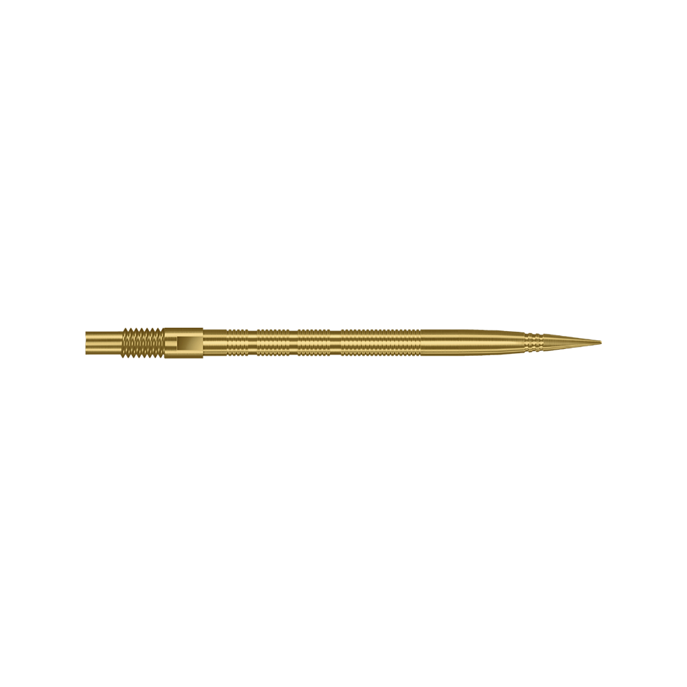 Das Bild zeigt zwei goldene Dartspitzen. Diese könnten Harrows Quick Point MicroRidge Dartspitzen, 35mm lang, sein.