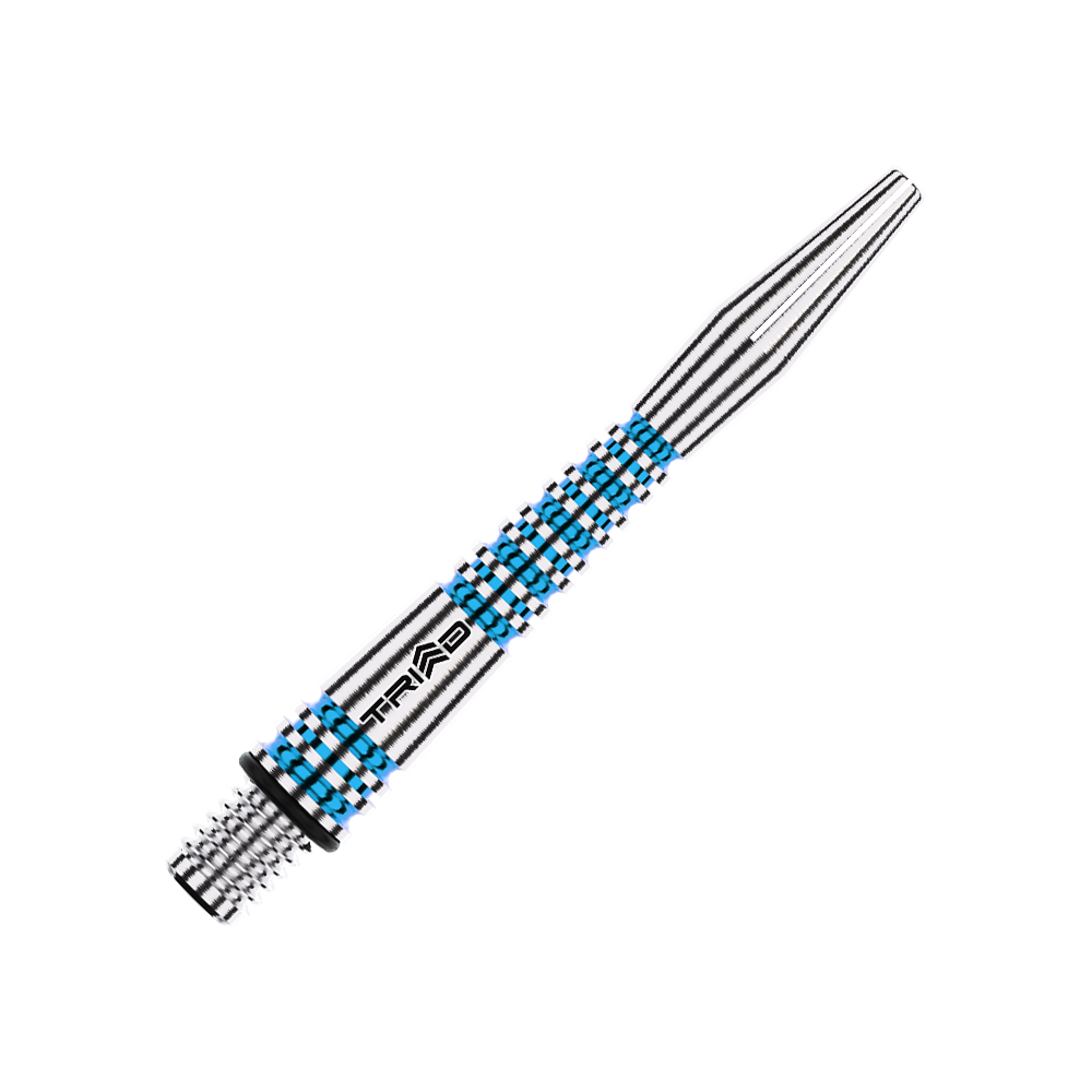 Winmau Triad RX Aluminium Shafts - Blau Auf dem Bild ist ein blauer Winmau Triad RX Aluminium Dartschaft zu sehen. Der Schaft hat ein gestreiftes Design mit silbernen und blauen Akzenten.