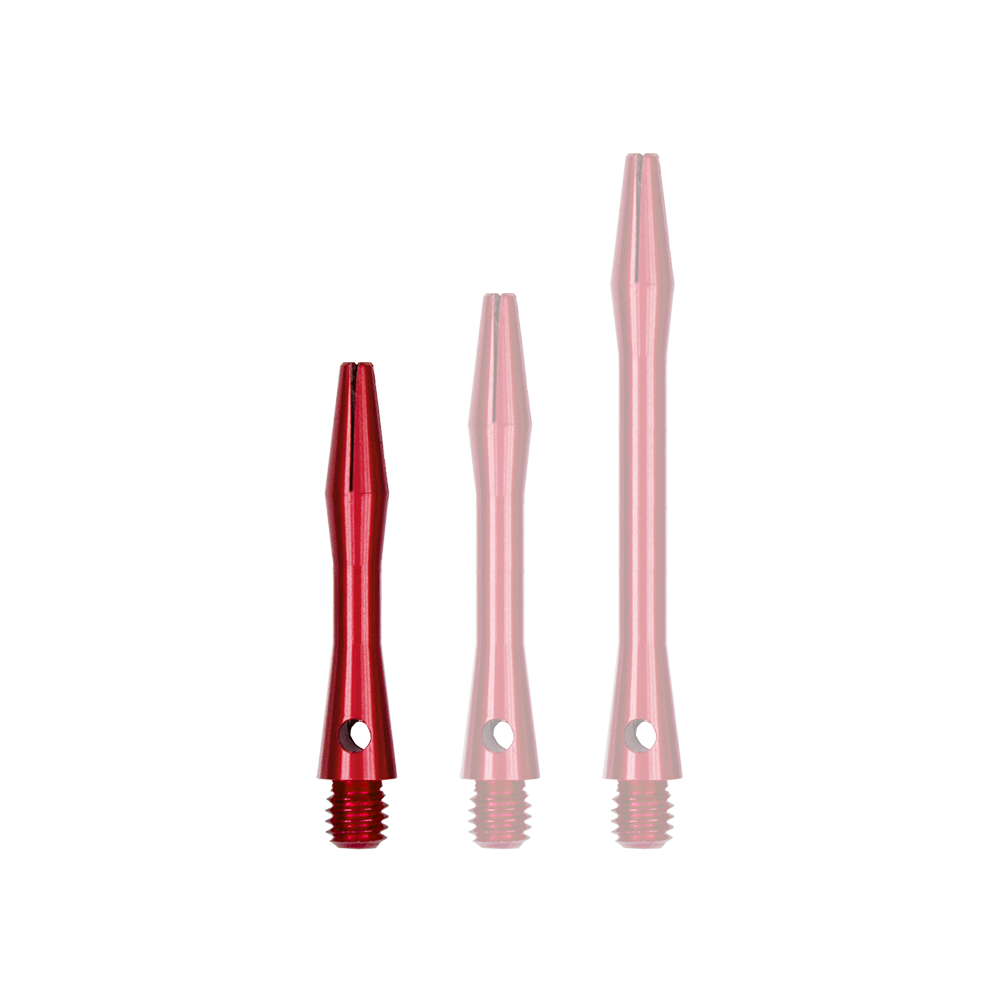 506_Aluminium_Shafts_Rot_30mm_1S2dRhGeIeuVgG Das Bild zeigt drei Aluminium-Schäfte in roter Farbe. Sie sind unterschiedlich lang und haben ein Gewinde an einem Ende.
