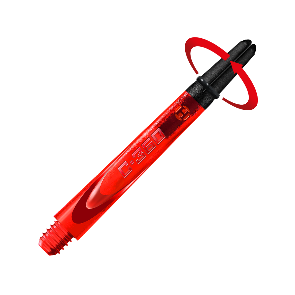 HR457_Harrows_Carbon_360_Shafts_Rot_49mm_2_Symbol Das Bild zeigt einen roten Dart-Schaft mit der Aufschrift "C-360". Der Hintergrund ist in leuchtenden Rottönen gehalten.