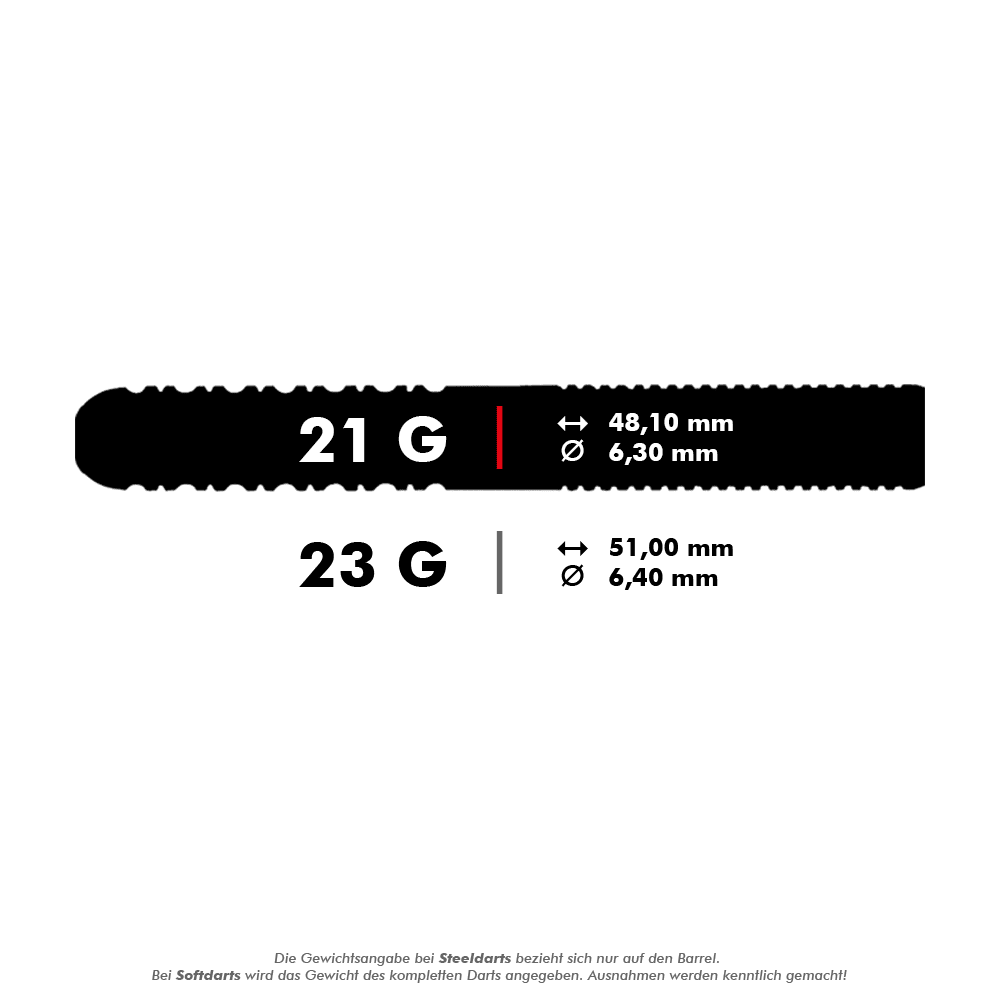 DA624_Datadart_Christian_Bunse_Gold_Black_Steeldarts_5_21g Das Bild zeigt zwei verschiedene Steeldart-Modelle mit den Gewichten 21 Gramm und 23 Gramm. Für 21 Gramm sind die Maße 48,10 mm Länge und 6,30 mm Durchmesser angegeben, für 23 Gramm sind es 51,00 mm Länge und 6,40 mm Durchmesser.