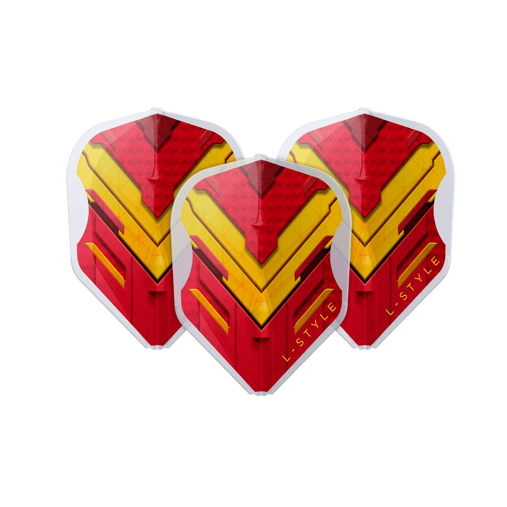 Das Bild zeigt drei Dart-Flights mit einem auffälligen roten und gelben Muster. Auf den Flights steht in gelber Schrift "L-STYLE".