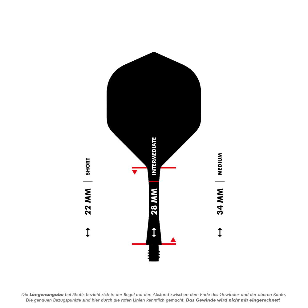 Winmau Fusion Flight-Shaft-System No6 Schwarz Das Bild zeigt ein Dartshaft-System mit verschiedenen Längenangaben: 22 mm (kurz), 28 mm (mittel) und 34 mm (lang). Die Maße werden durch rote Linien markiert, wobei das Gewinde nicht mit einberechnet wird.