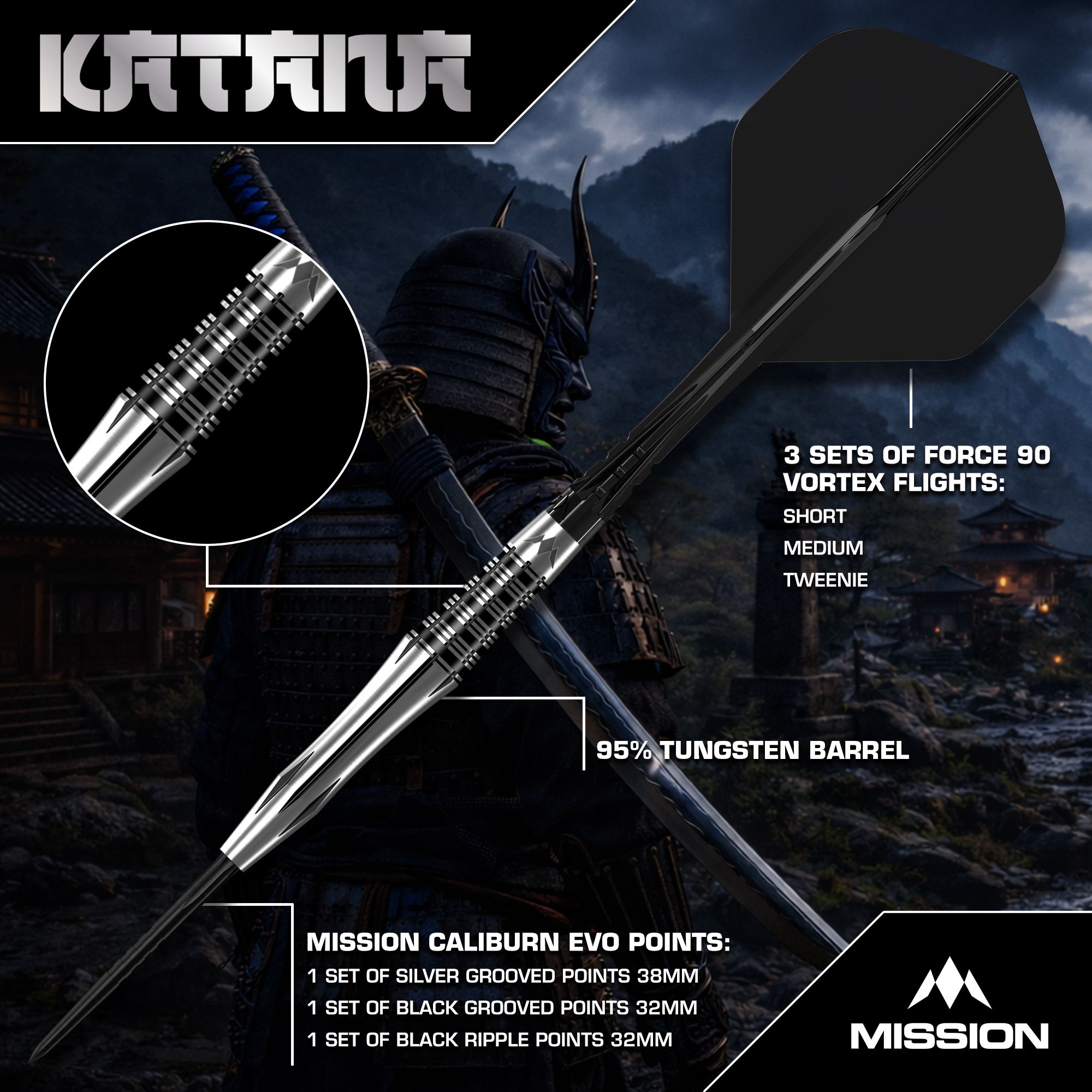 Mission Katana Steeldarts Mission Katana Steeldarts werden präsentiert. Das Foto zeigt das Produkt detailliert für eine bessere Ansicht.