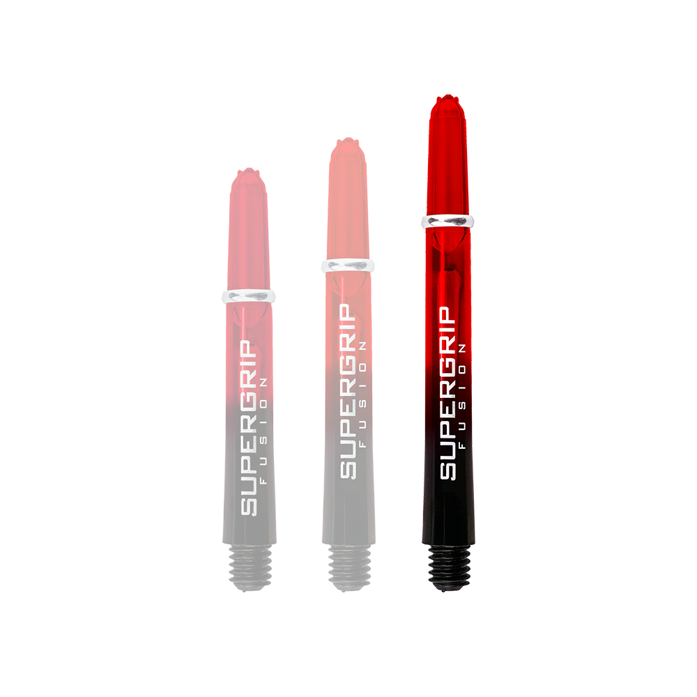 HR344_Harrows_Supergrip_Fusion_Shafts_Rot_47mm_1szumLCjfgZCLq Das Bild zeigt drei Harrows Supergrip Fusion Shafts in Rot. Die Schäfte sind teilweise rot und schwarz gefärbt und tragen den Schriftzug "SUPERGRIP FUSION".