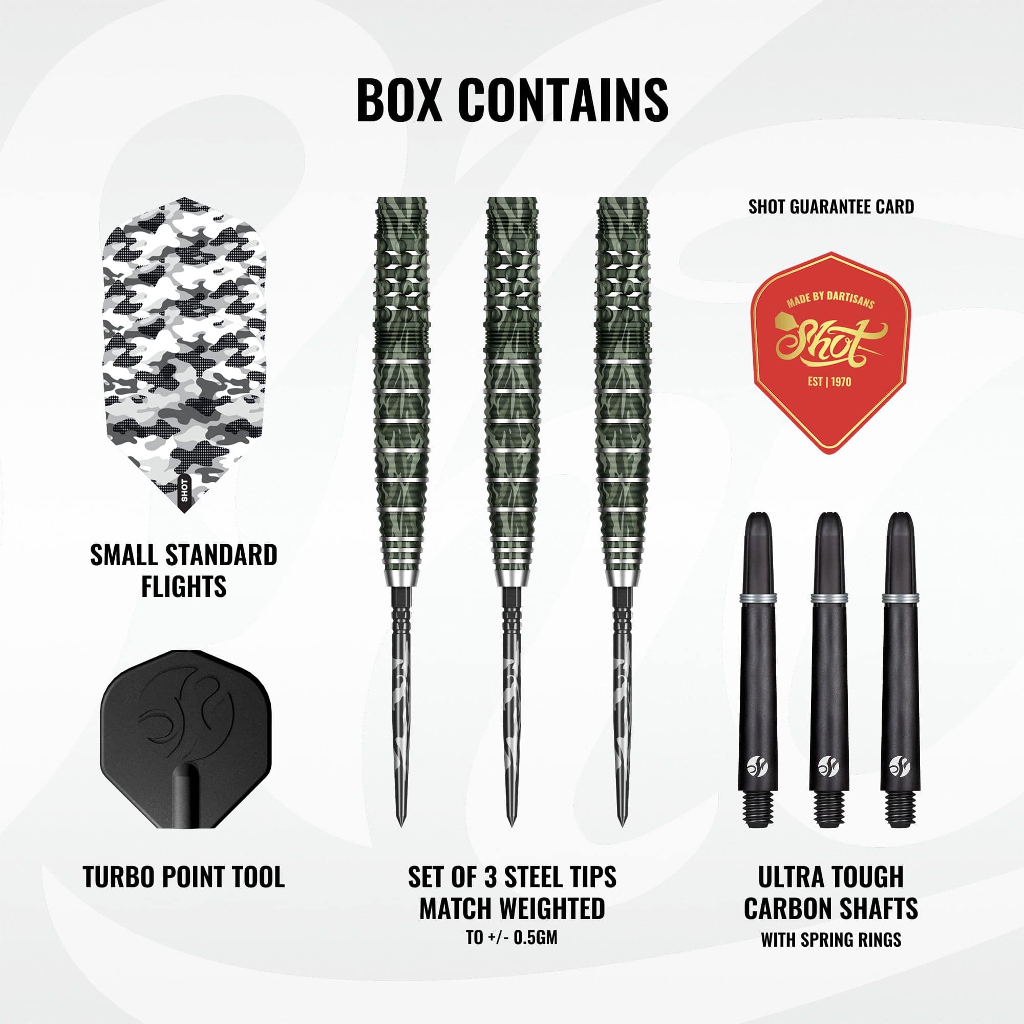 Shot Camo Ghillie Turbo Point Steeldarts - 23g sind nebeneinander angeordnet. Die Darts heben sich durch ein Camouflage-Muster ab.