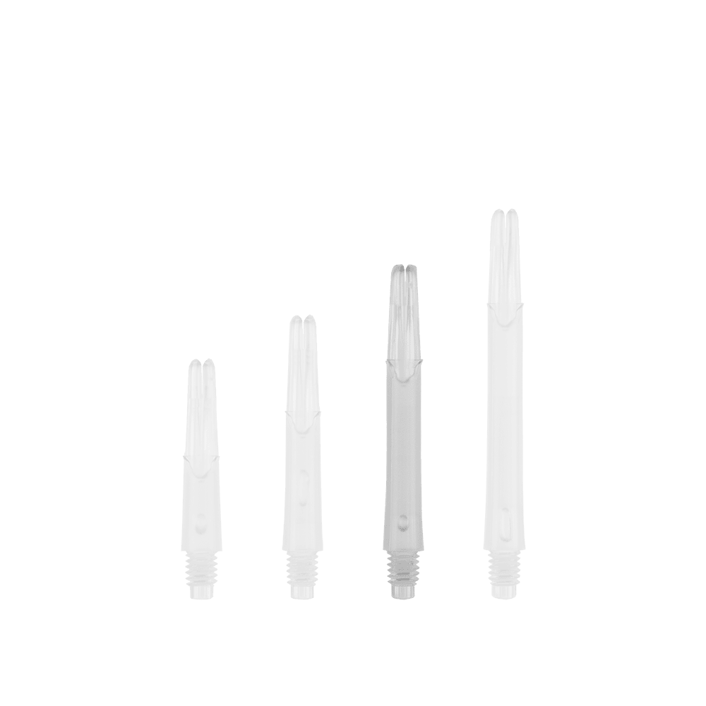 L-Style L-Shafts Locked Straight - Clear 260 Auf dem Bild sind vier durchsichtige, gerade Dartschäfte in unterschiedlichen Längen zu sehen. Sie stehen nebeneinander aufrecht auf einem weißen Hintergrund.
