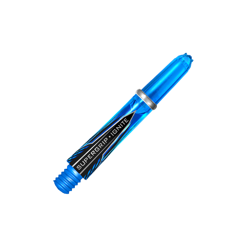 HR386_Harrows_Supergrip_Ignite_Shafts_Aqua_33mm_2 Das Bild zeigt das Produkt "Harrows Supergrip Ignite Shafts - Aqua". Es ist ein blauer, transparenter Dartshaft mit schwarzem Schriftzug und silbernem Ring.