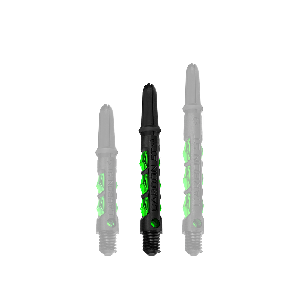 HR423_Harrows_Carbon_ST_Shafts_Gr-n_40mm_1 Das Bild zeigt drei Harrows Carbon ST Shafts in der Farbe Grün. Die Dartschäfte sind aus schwarzem Material mit grünen Akzenten gestaltet.