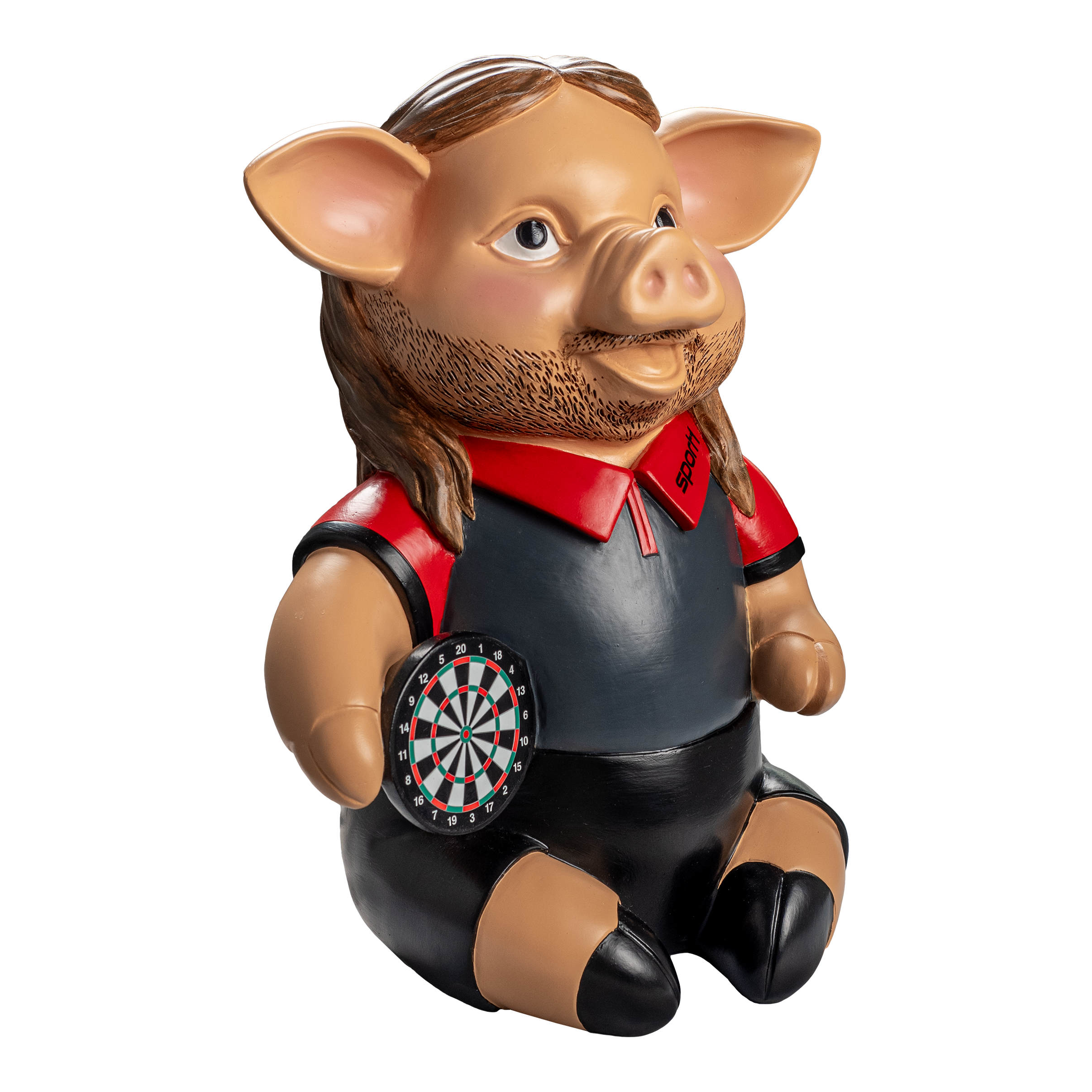 Sport1 Headbanger Phrasenschwein Das Bild zeigt eine lustige Spardose in Form eines Schweins mit Bart und langen Haaren. Das Schwein trägt ein Sport1-Trikot und hält eine Dartscheibe in der Hand.