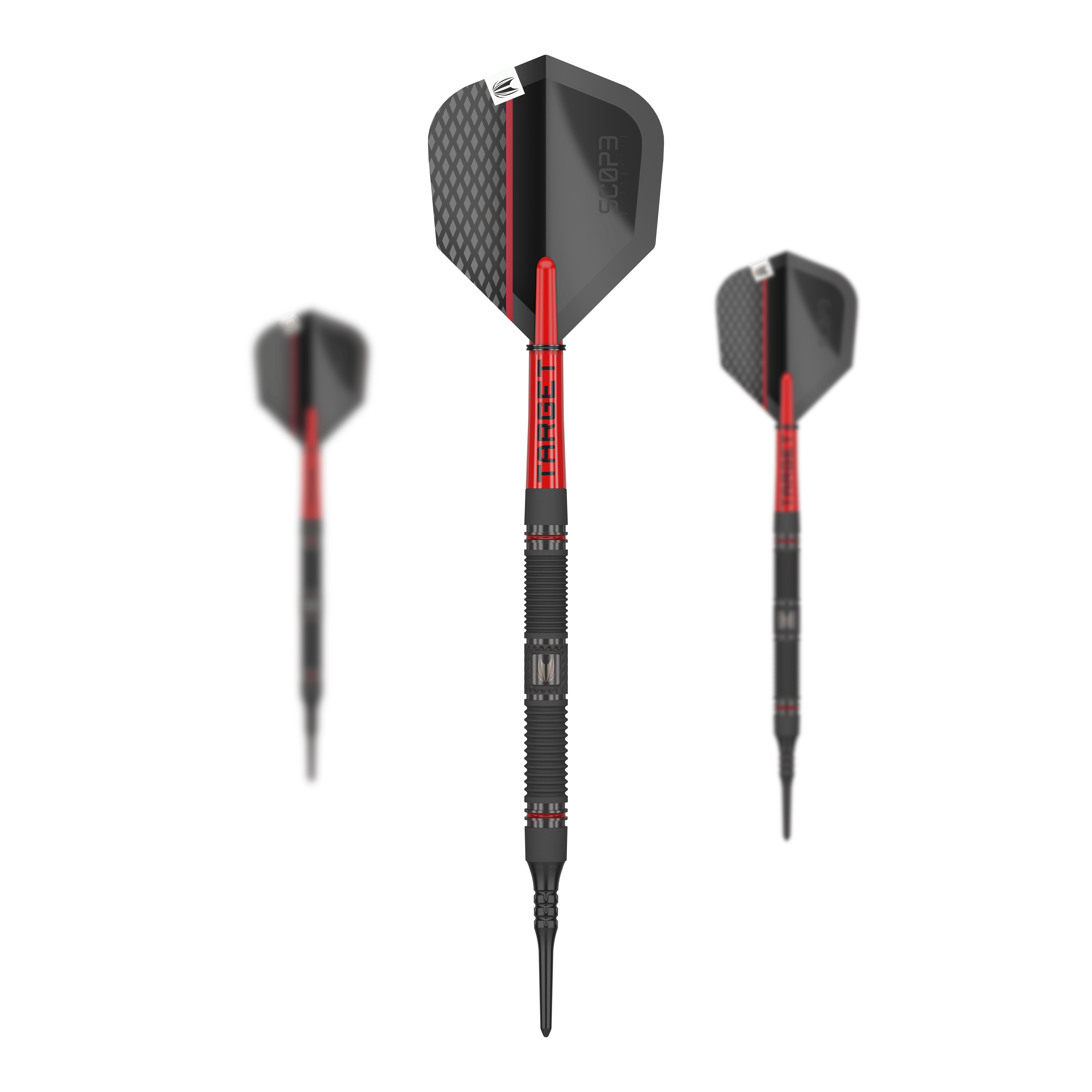 Target Scope 10 Softdarts Das Bild zeigt drei Softdarts des Produkts „Target Scope 10“. Die Darts sind überwiegend schwarz mit roten Akzenten und haben ein modernes Design.