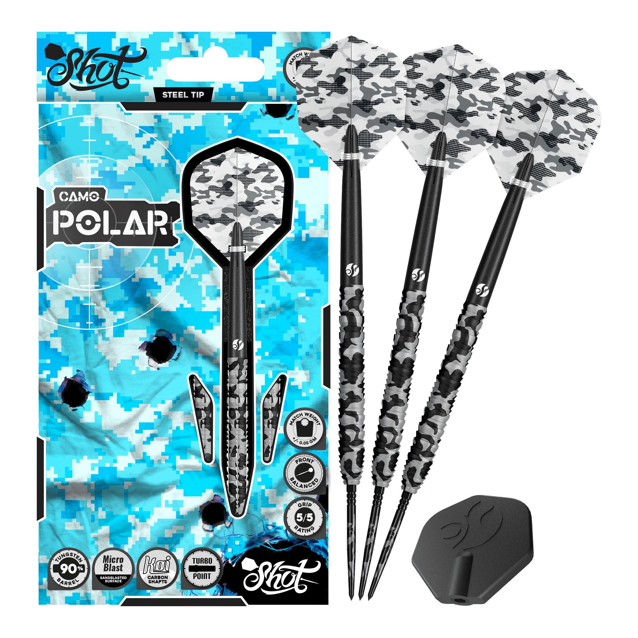 Shot Camo Polar Turbo Point Steeldarts Shot Camo Polar Turbo Point Steeldarts sind Dartpfeile im Tarnmuster. Sie liegen nebeneinander auf hellem Hintergrund.