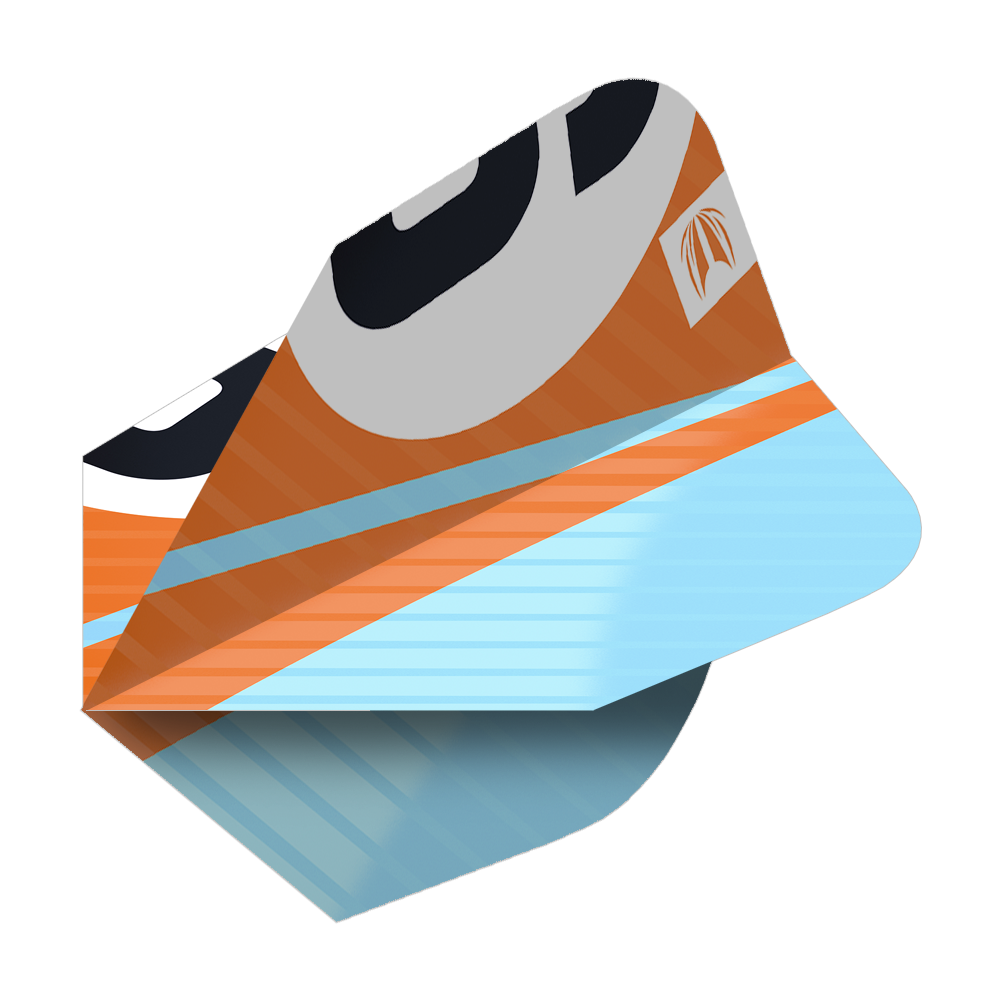 Das Bild zeigt ein Dart-Flight in Orange, Blau und Schwarz mit einem modernen Design. Es handelt sich um das Produkt "Target Pro Ultra Chicane Orange Ten-X Flights - 3 Sets".