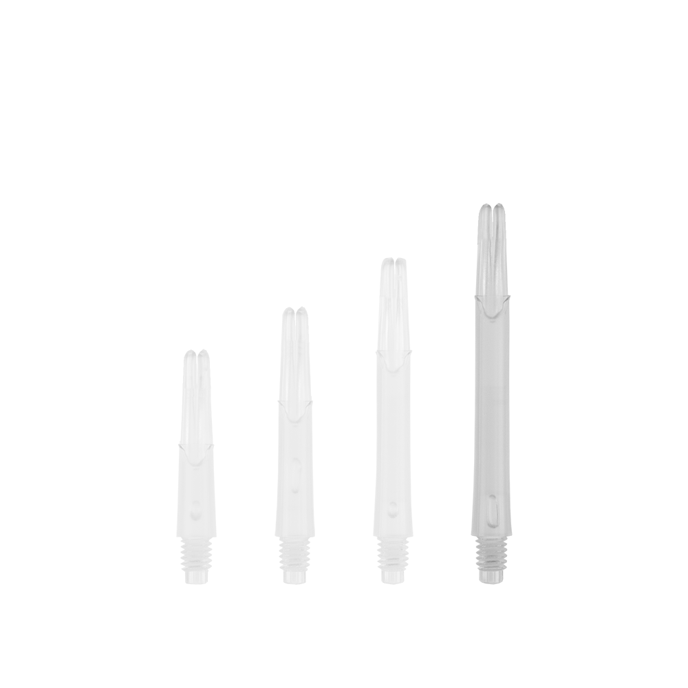 L-Style L-Shafts Locked Straight - Clear 330 Auf dem Bild sind vier transparente, gerade Kunststoffschäfte in unterschiedlichen Längen zu sehen. Sie stehen nebeneinander aufrecht aufgereiht vor einem weißen Hintergrund.