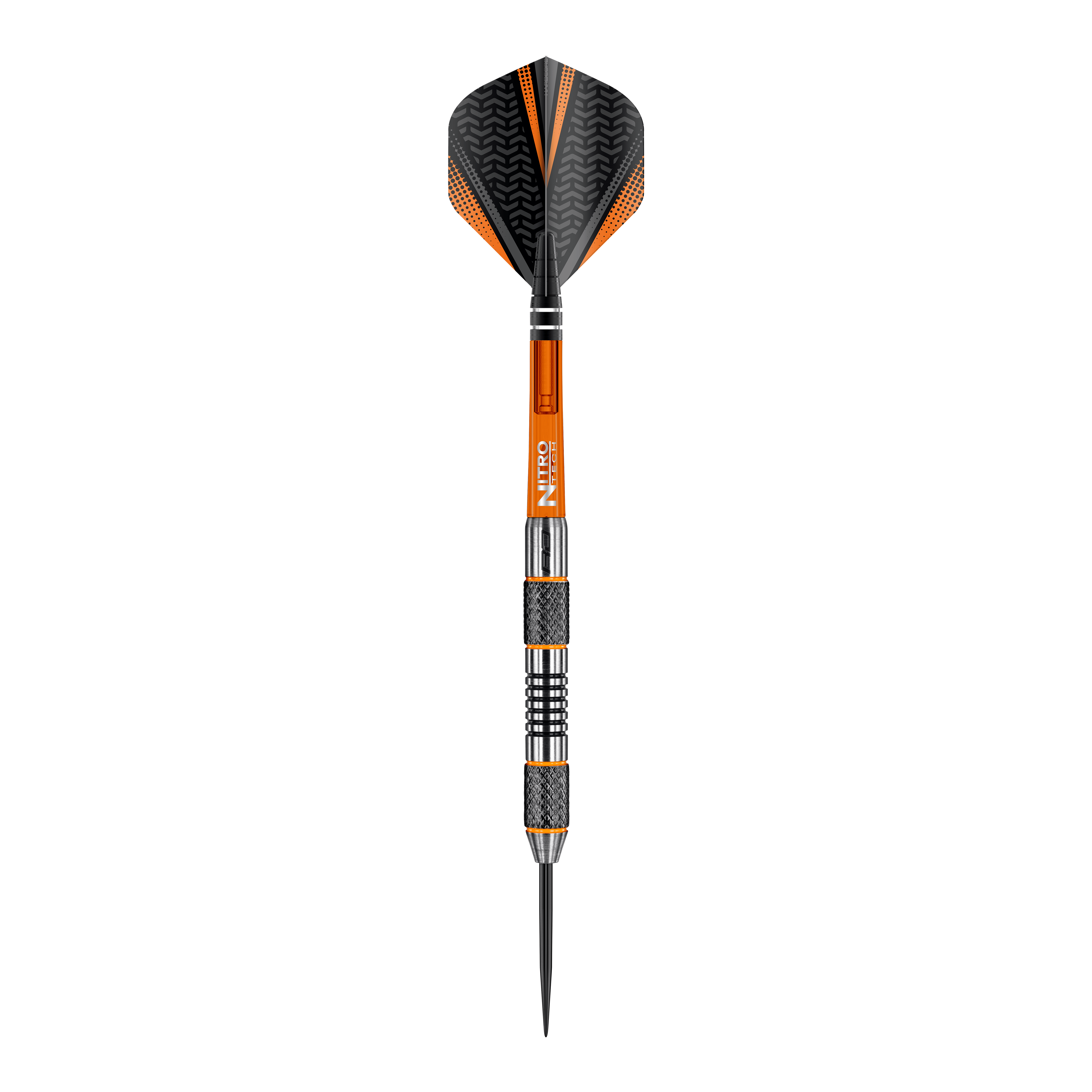 Red Dragon Amberjack 5 Steeldarts - 24g Dies ist ein Steeldart der Marke Red Dragon, Modell Amberjack 5 mit einem Gewicht von 24 Gramm. Der Dart hat ein schwarzes und orangefarbenes Design mit metallischen und geriffelten Griffbereichen.
