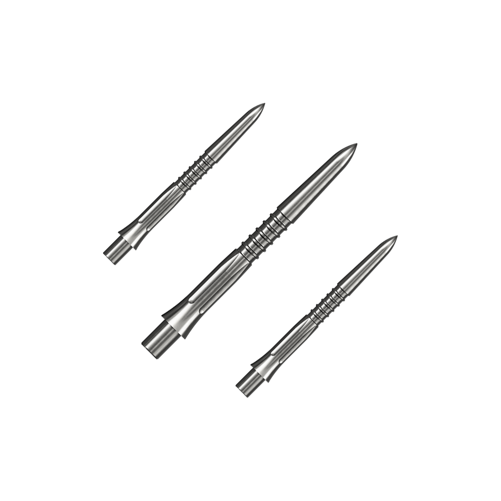 Mission Caliburn EVO Dartspitzen GV1 - Silber Auf dem Bild ist ein Set silberner Steeldartspitzen mit 26 mm Länge zu sehen. Mehrere Spitzen sind zusammen angeordnet.
