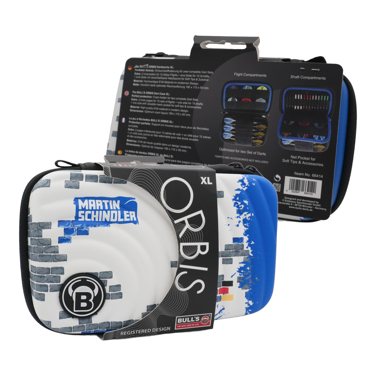 Bulls Orbis XL Martin Schindler Dartcase Das Bild zeigt das Produkt "Bulls Orbis XL Martin Schindler Dartcase". Das Dartcase ist weiß mit blauen und grauen Designelementen und bietet Platz für zwei Dart-Sets.