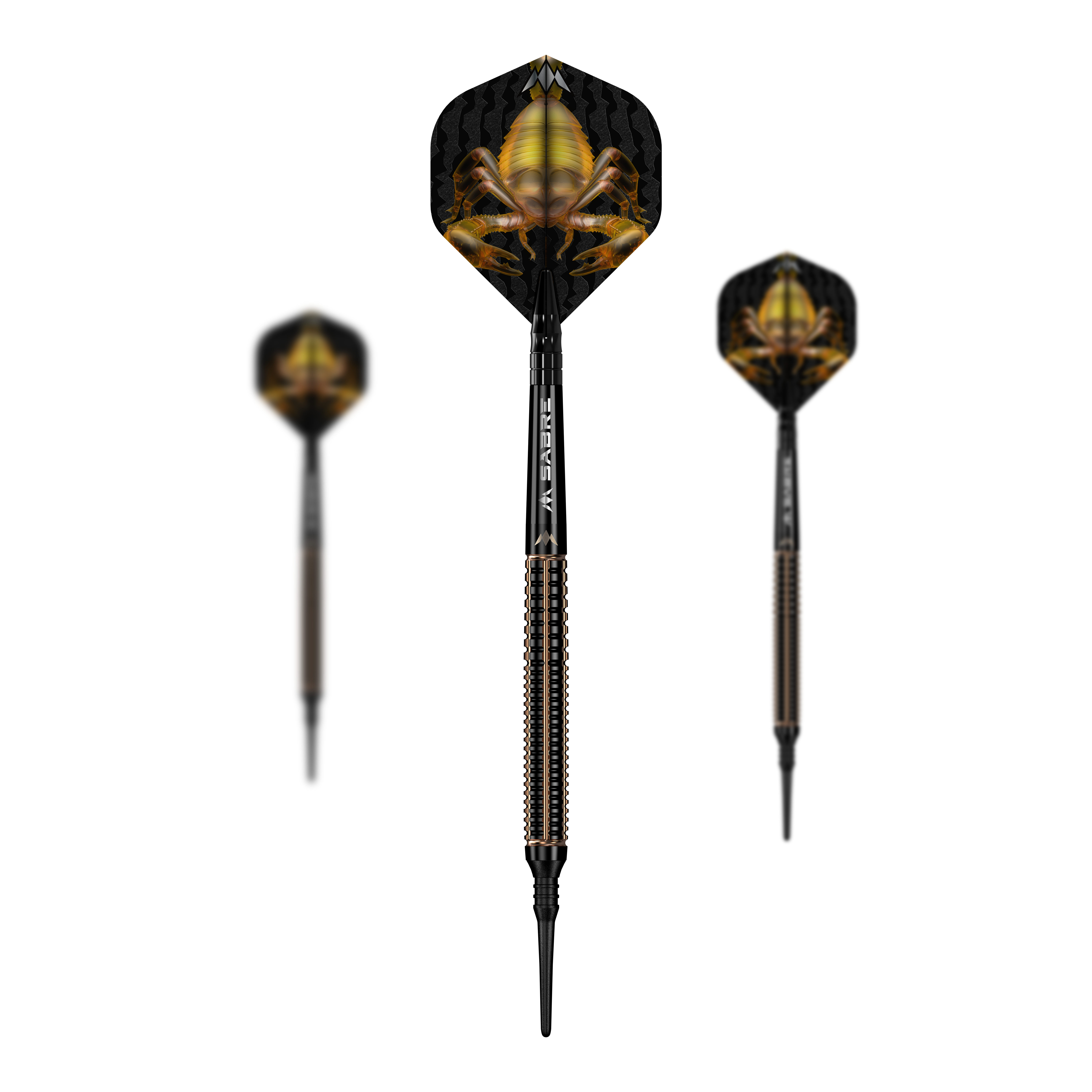 Mission Scorpion Softdarts - 19g Das Bild zeigt drei Softdarts des Produkts "Mission Scorpion Softdarts - 19g". Die Flights der Darts sind schwarz mit einem auffälligen gelben Skorpion-Motiv gestaltet.