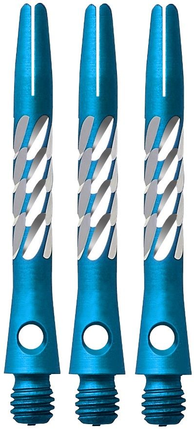 78991-Unicorn-Premier-Shaft-Blue-Short Das Bild zeigt drei blaue Aluminium Dartschäfte der Marke Unicorn Premier. Sie haben ein silbernes Rillenmuster und ein Loch am unteren Ende.