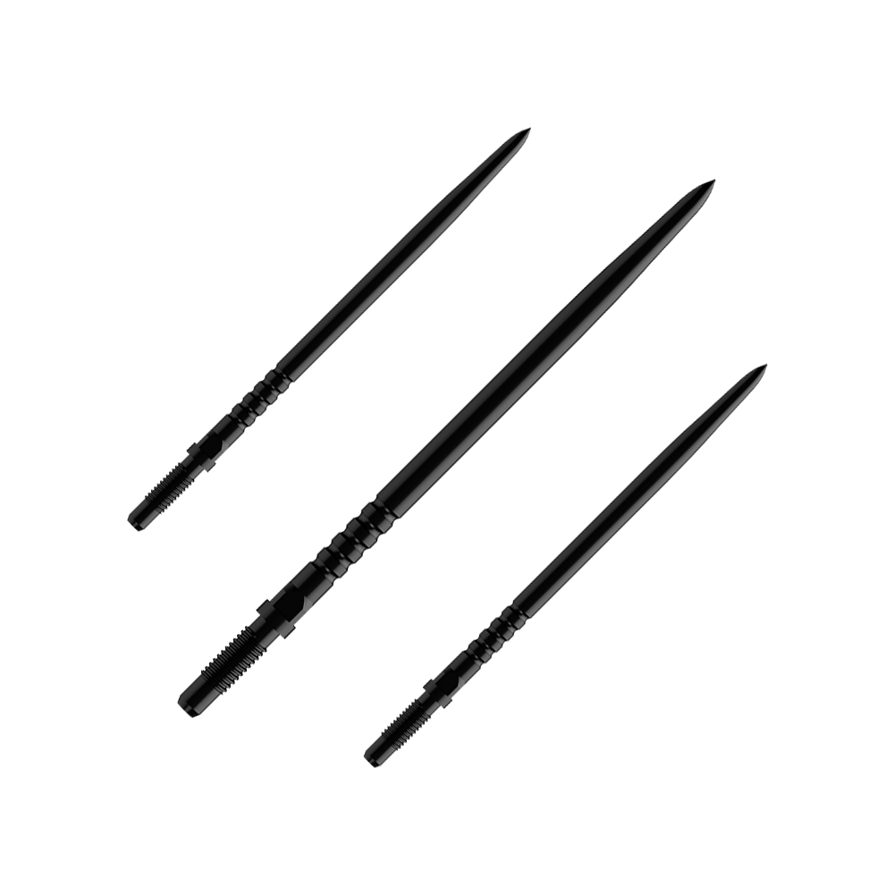 Auf dem Bild sind mehrere Dartspitzen zu sehen. Es handelt sich um ein Set BullsNL Convertible Points mit Ringed Grip in Schwarz und 40mm Länge.