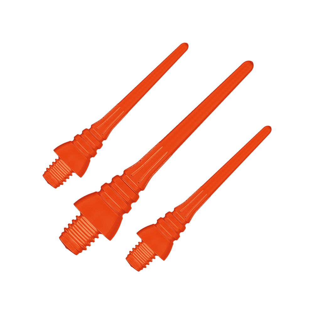 Winmau Triton Softtip Points Softdartspitzen (50-er Pack) Auf dem Bild sind drei orangefarbene Softdartspitzen mit Gewinde zu sehen. Sie sind für elektronische Dartscheiben geeignet.