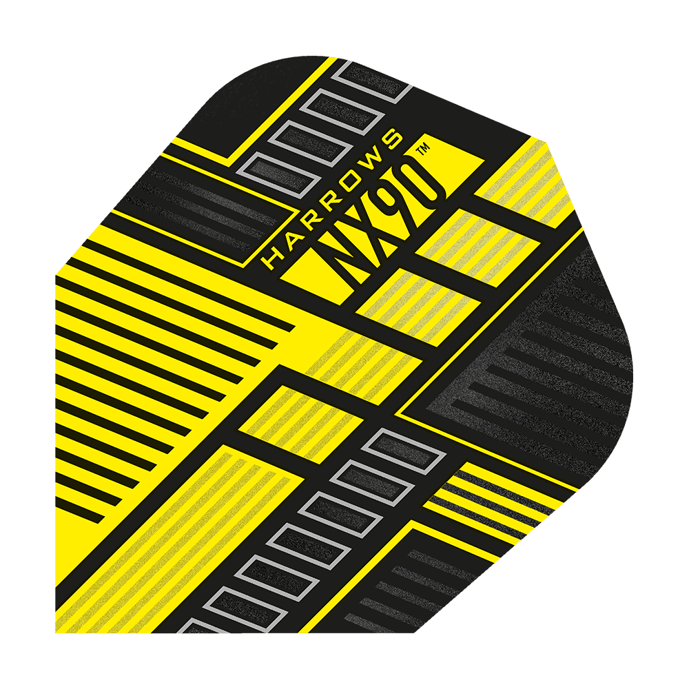 HR47_Harrows_Prime_NX90_Yellow_No6_Flights_1HJU4yaCvrFZZu Das Bild zeigt das Produkt "Harrows Prime NX90 Yellow Flights". Es hat ein modernes Design mit gelben, schwarzen und grauen Linien und Mustern.