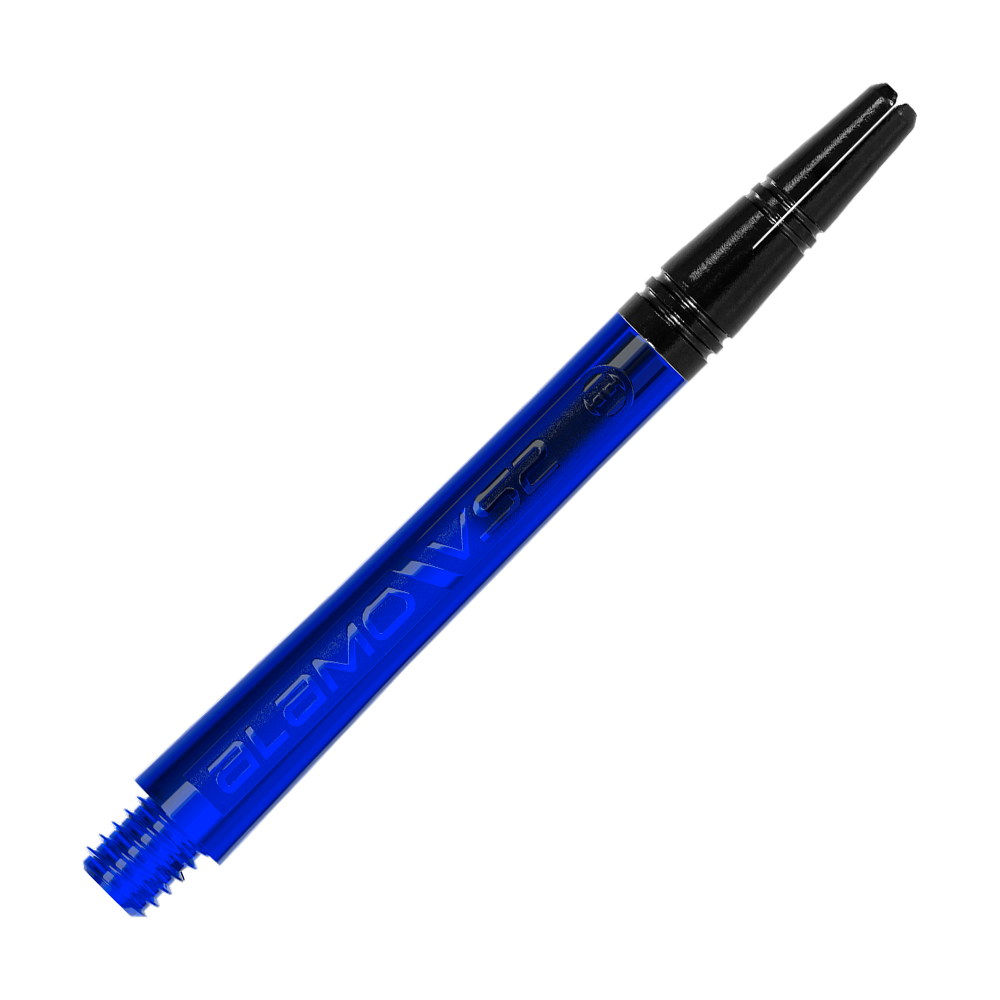 Harrows Alamo VS2 Shafts - Blau Das Bild zeigt einen blauen Dart-Schaft mit der Aufschrift "ALAMO VS2". Er liegt auf einem hellen, geriffelten Hintergrund.