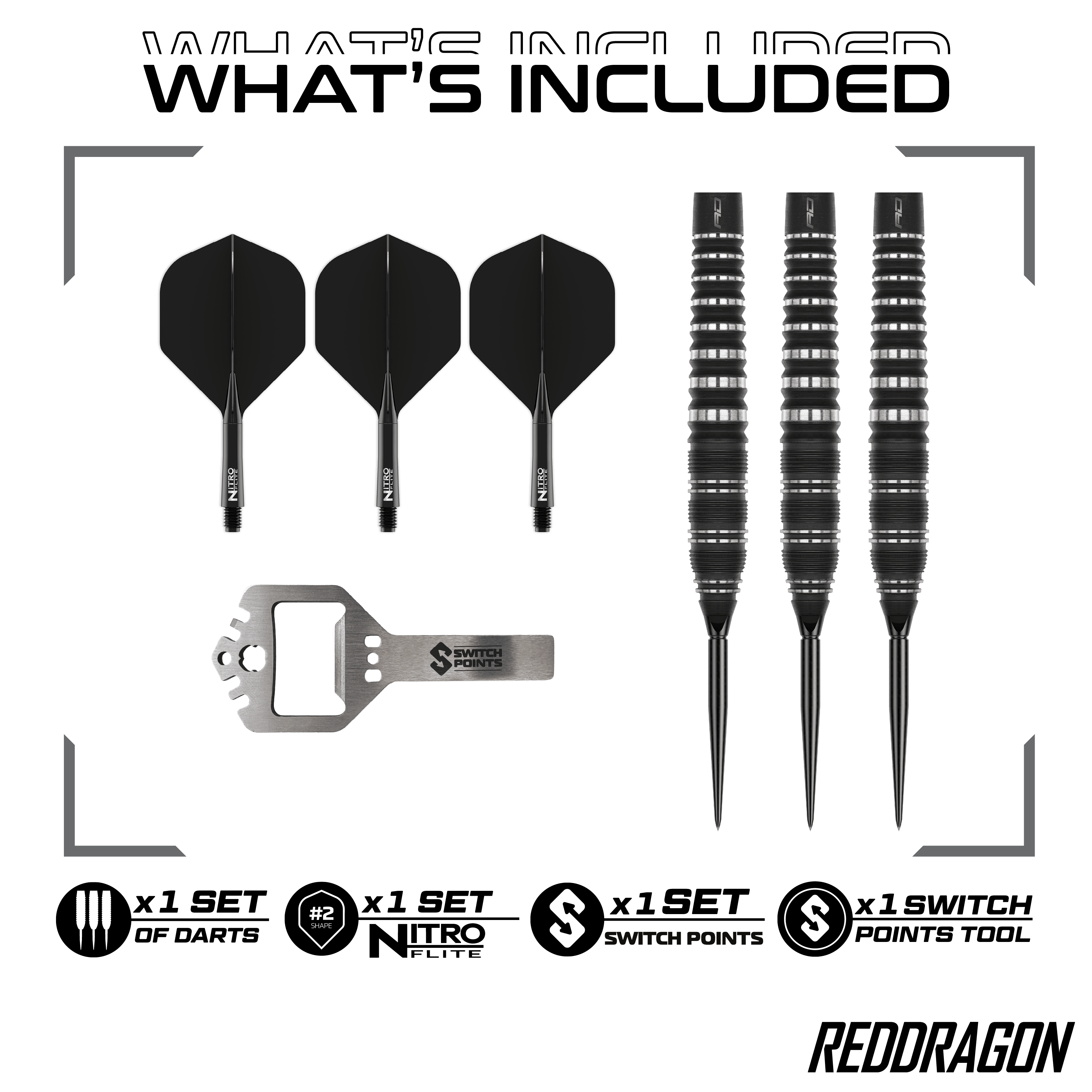 Hier sind Red Dragon Sable Torpedo Switch Point Steeldarts zu sehen. Diese Darts zeichnen sich durch ihre Torpedo-Form aus.