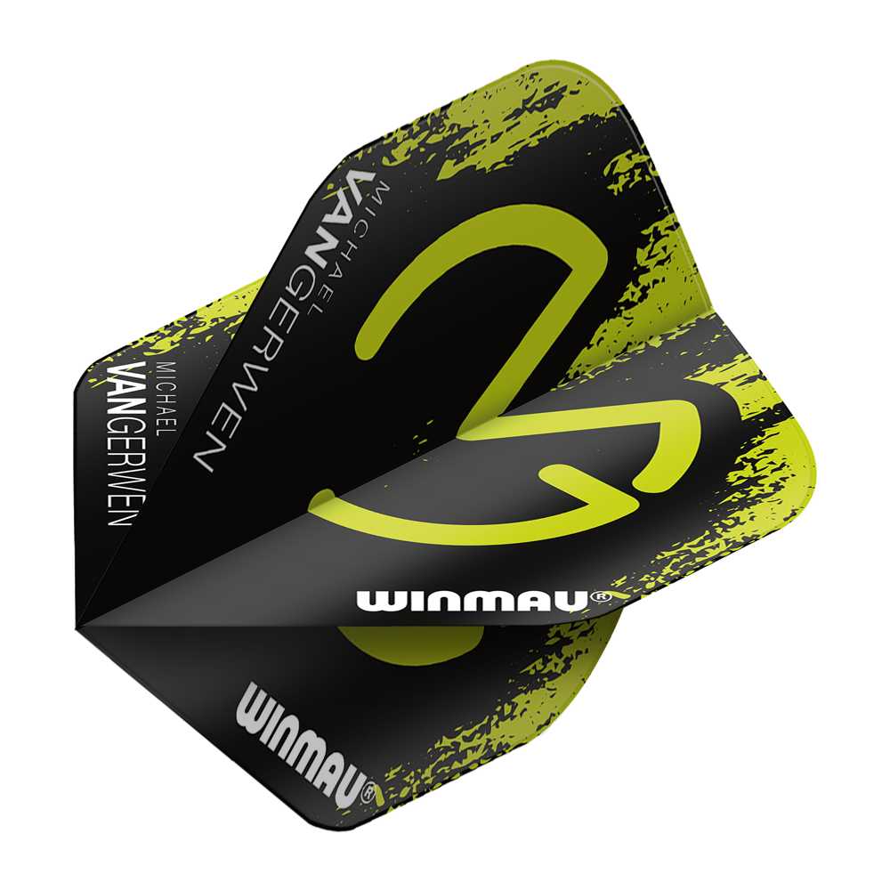 6900-234_Winmau_Mega_MvG_Green_Black_Standard_Flights_2 Das Bild zeigt ein Dart Flight mit dem Namen "Winmau Mega MvG Green Black Standard Flights". Das Flight ist schwarz mit grünen Akzenten und trägt den Schriftzug "Michael van Gerwen" sowie "Winmau".