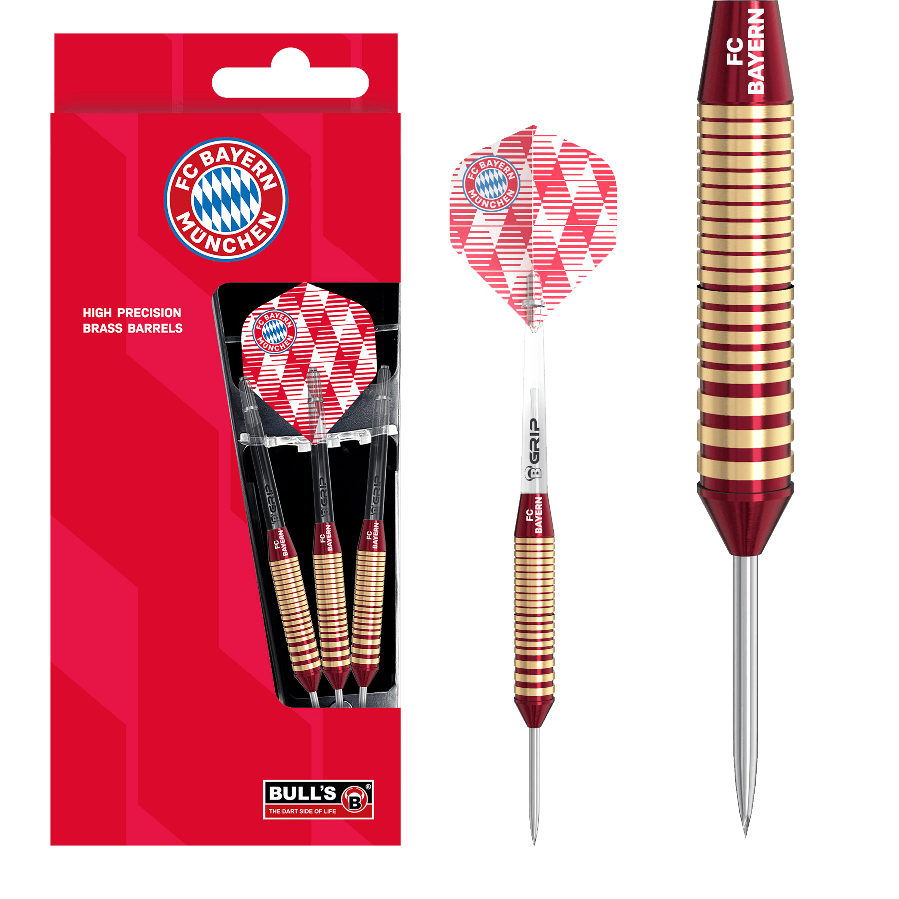 Bulls FC Bayern München Brass Steeldarts - 21g Abgebildet sind die Bulls FC Bayern München Brass Steeldarts mit einem Gewicht von 21g. Das Produkt ist ideal für Fans des FC Bayern München und Steeldartspieler.