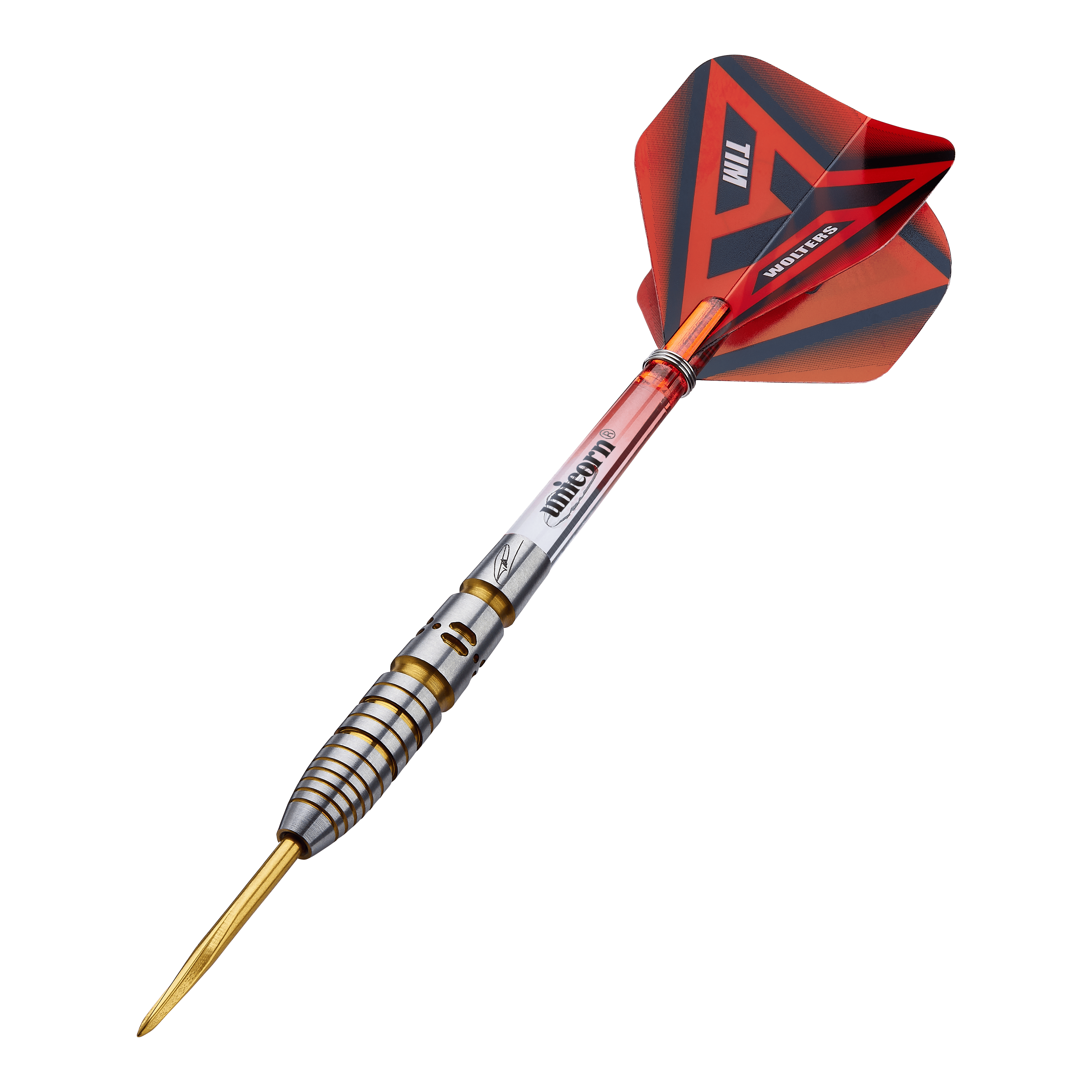 Das Bild zeigt einen Unicorn Contender Tim Wolters Steeldart mit 24g Gewicht. Der Dart hat einen gold-silbernen Schaft und eine rot-schwarze Flight mit der Aufschrift "TIM WOLTERS".
