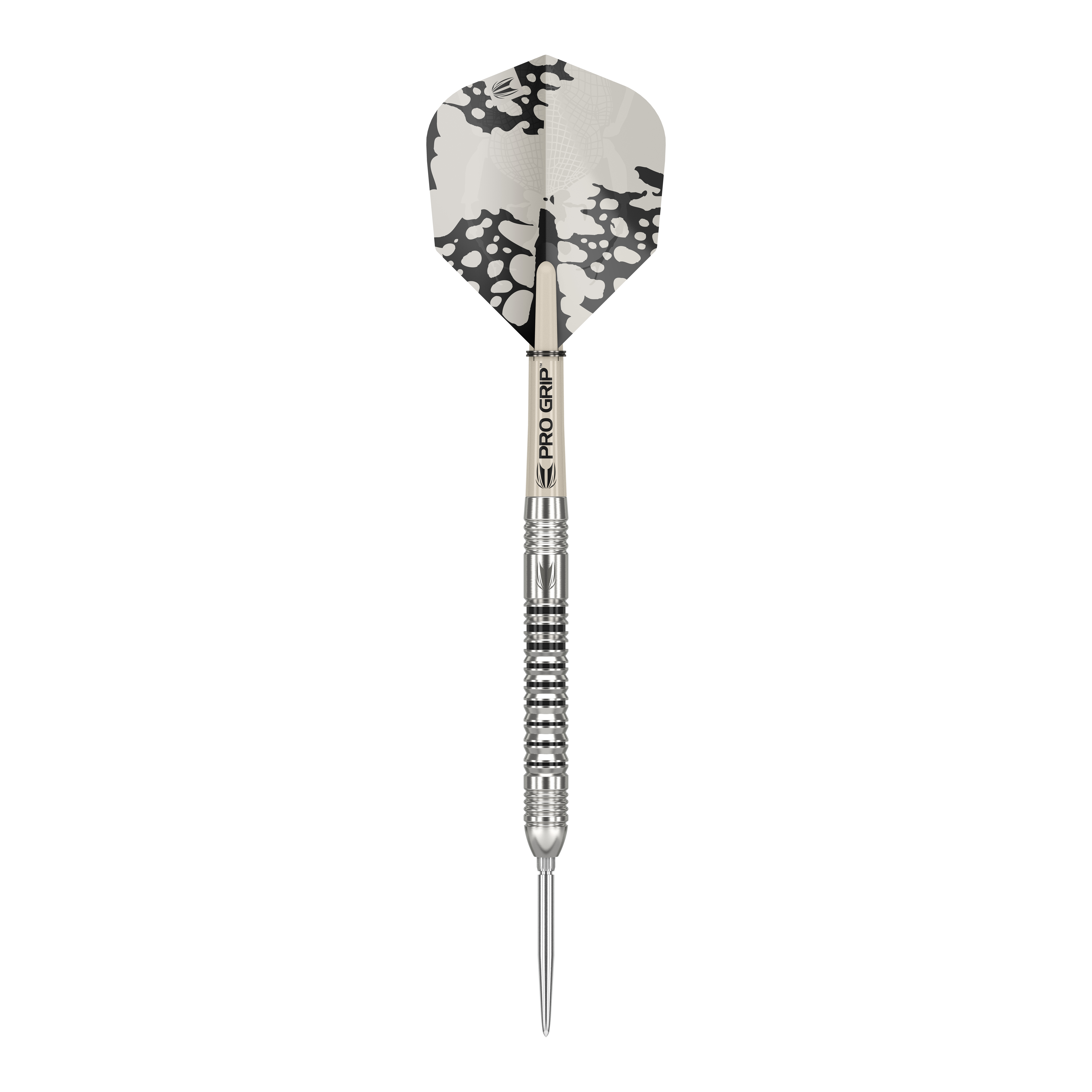 Target EXO SP03 Swiss Point Steeldarts Das Bild zeigt den Target EXO SP03 Swiss Point Steeldart. Der Dartpfeil hat ein silbernes, geriffeltes Barrel und eine schwarz-weiße Flight mit Muster.