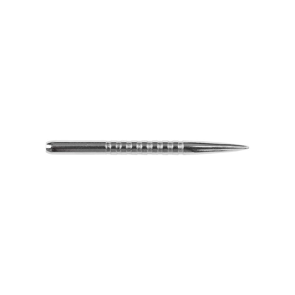57781_Bulls_GP3_Steeldartspitzen_Silber_34mm_2 Das Bild zeigt eine silberne Steeldartspitze des Modells 'Bulls GP3'. Die Spitze ist aus Metall gefertigt und hat mehrere Rillen für besseren Halt.