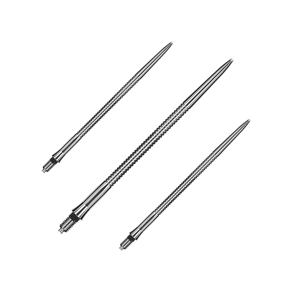 Das Bild präsentiert ein Set von silbernen Dartspitzen mit Rillen. Die Dartspitzen sind etwa 50mm lang.