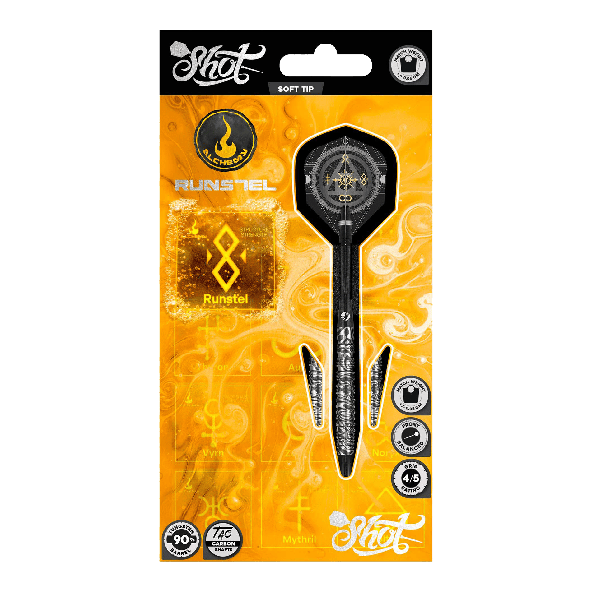 Das Foto zeigt die 20g Shot Alchemy Runstel Softdarts. Die Darts sind ideal für Spieler, die Wert auf Qualität legen.