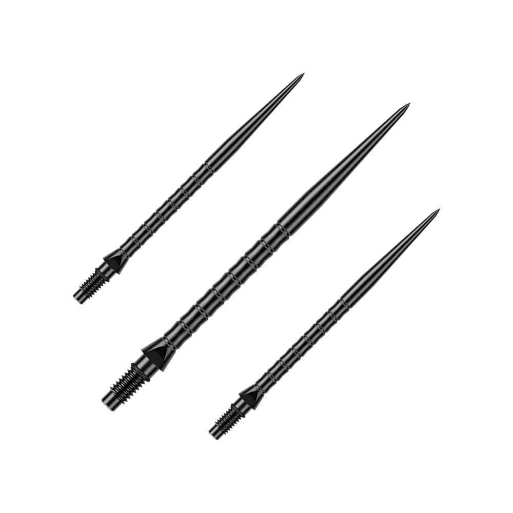 Winmau Switch Point Wave Steeldartspitzen - Schwarz Gezeigt wird ein Set von schwarzen Steeldartspitzen mit Wave-Struktur. Die Spitzen sind vermutlich 40 mm lang.