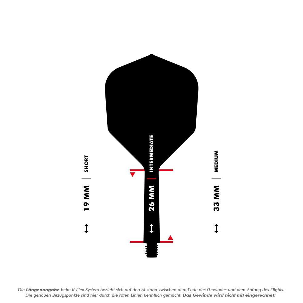 Target Japan K-Flex Hot Shot No2 Standard Flight-Shaft-System Das Bild zeigt eine Dart-Flightschafte mit Längenangaben in Millimetern. Es werden die drei Längen "Short" (19 mm), "Intermediate" (26 mm) und "Medium" (33 mm) dargestellt.