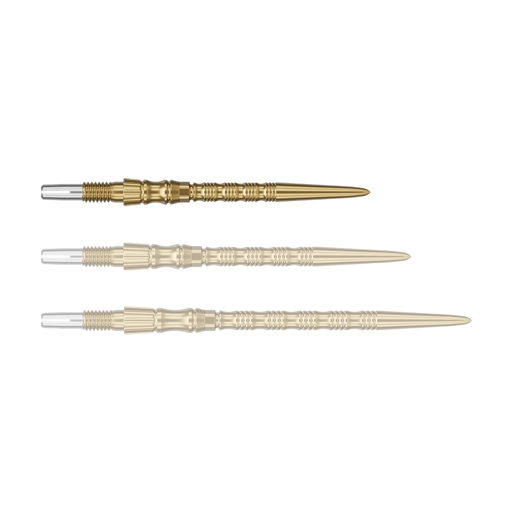 Ein einzelner Target SwissPoint Signature TRB Dartspitze in Gold mit 30mm Länge wird gezeigt. Die Spitze ist detailliert abgebildet.