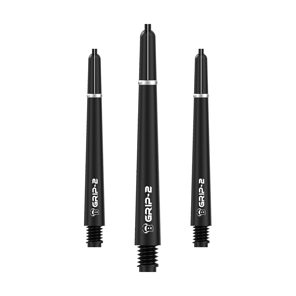 BS55051_Bulls_B-Grip-2_SL_Shafts_Schwarz_48mm_1 Auf dem Bild sind drei schwarze Bulls B-Grip-2 SL Shafts zu sehen. Die Dart-Schäfte haben ein schlichtes, modernes Design mit weißem Schriftzug.